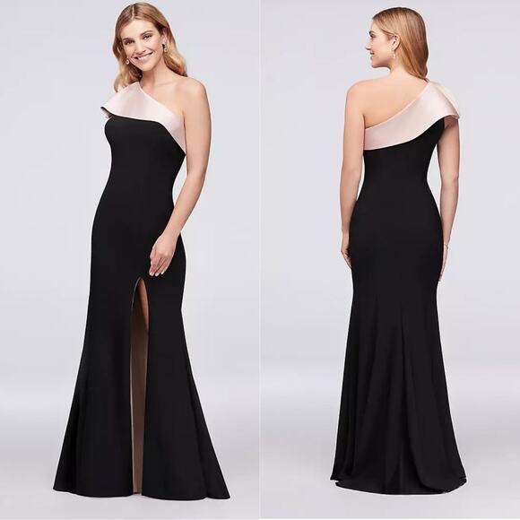 NWT Xscape One-Shoulder Contrast Ruffle Jersey Sheath Gown Sz 12 - Picture 1 of 7